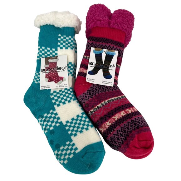 Snoozies! Cozy Little Sherpa Lined Socks 2-Pack Pink Nordic Dots and Plaid Teal - Picture 1 of 6